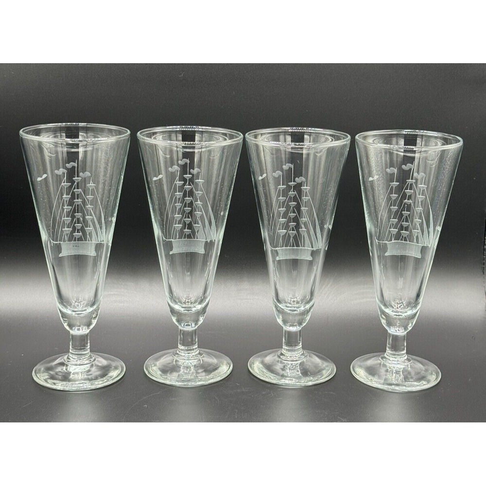 Vintage Etched Clipper Ship & Birds Pilsner Glasses Footed Beer Goblets Set 4